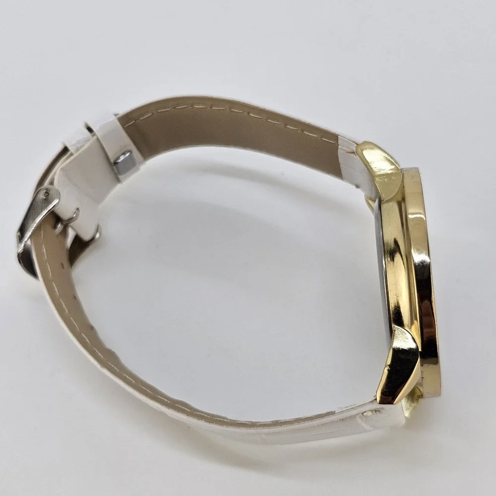 Unisex Analog Watch 40MM White Dial White Faux Leather Bands New Battery